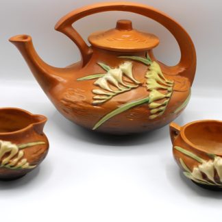 Roseville Pottery Freesia brown tea set