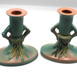 Roseville Moss pink candlesticks