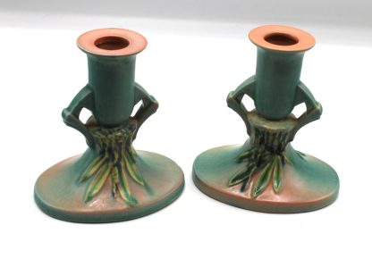 Roseville Moss pink candlesticks